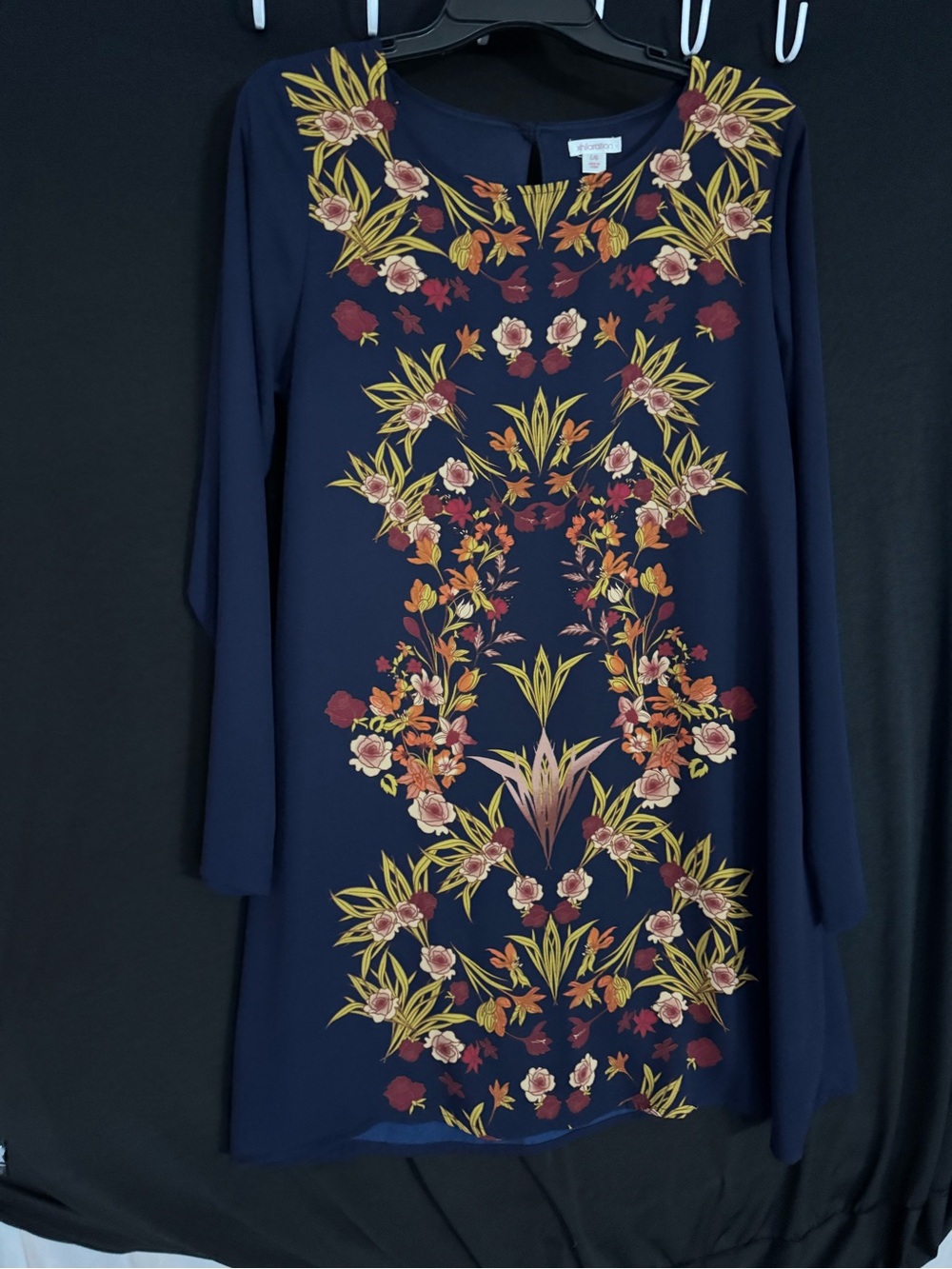 Navy Floral-Embroidered Long Sleeve Dress